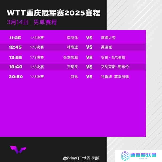 2025WTT重庆冠军赛16强对阵表,乒乓球冠军赛14日赛程+直播观看