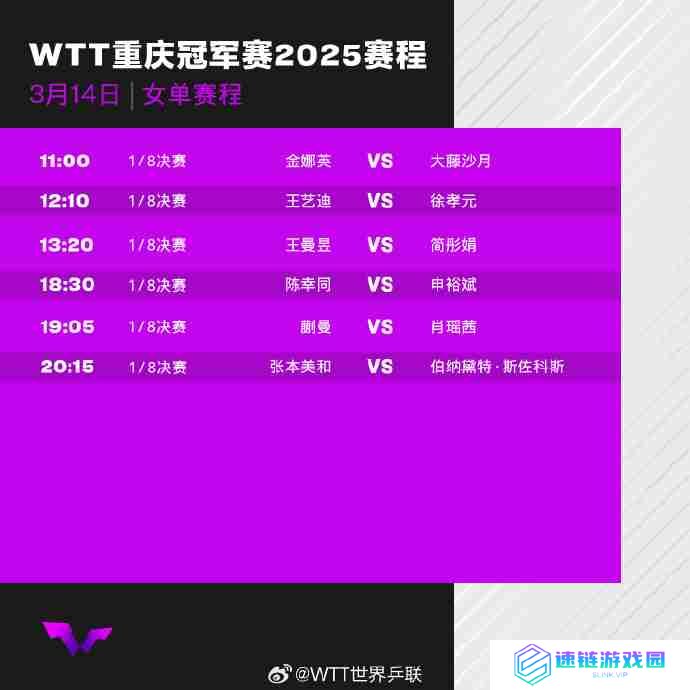 2025WTT重庆冠军赛16强对阵表，乒乓球冠军赛14日赛程+直播观看